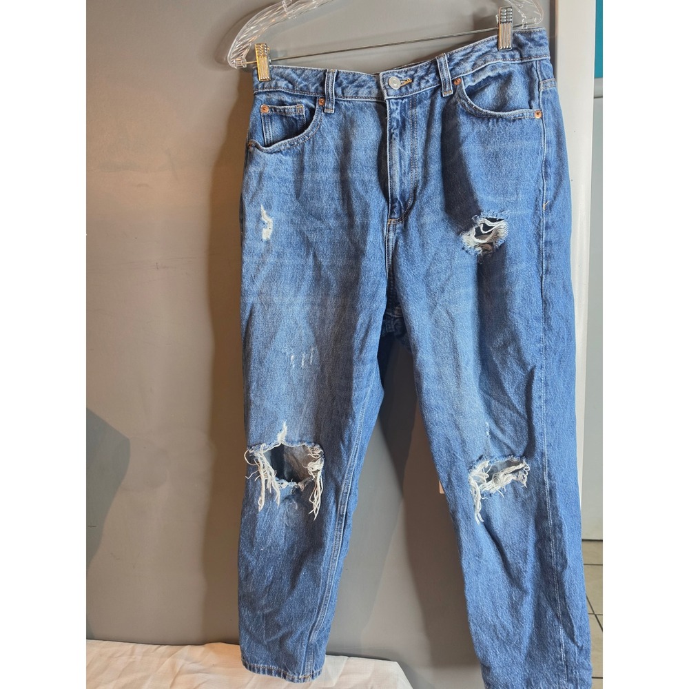 Primark Denim Co Distressed Mom Jeans Medium Wash High Waisted Size 10